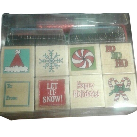 Christmas Themed 20 pc Rubber Stamp Set Ink Pads Glitter Pens Holiday NEW - Picture 2 of 3
